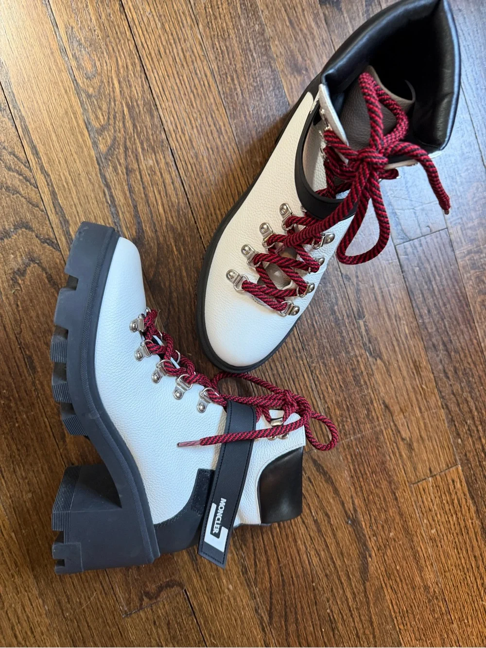 Moncler White Leather Hiking-Inspired Boots with Red Laces